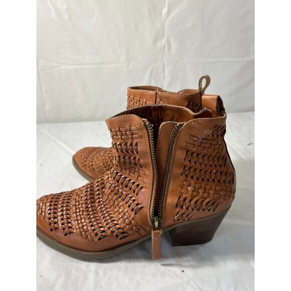 GAP Womens Woven Leather Ankle Bootie 8 British Tan Stacked Mid Heel Boho - Picture 3 of 12